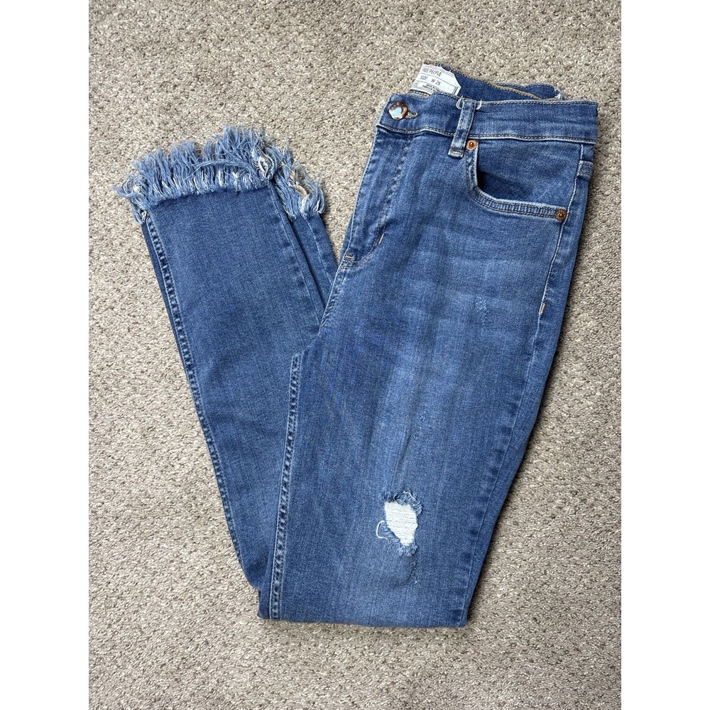Free People Women's Jeans Size 29 Blue Medium Wash Distressed Fringe Hem Denim